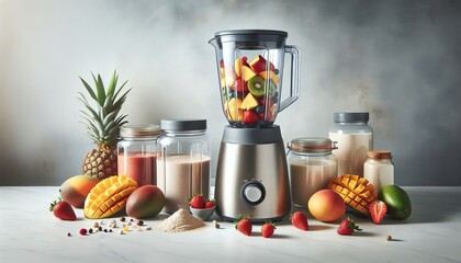Blender surrounded by fruits and smoothies