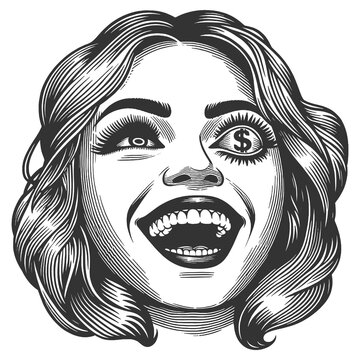 recommend clip art: excited woman with a dollar sign in her eye, symbolizing greed or money obsession sketch engraving generative ai fictional character raster illustration. Scratch board imitation. Black and white image
