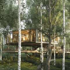 Modern cabin in the woods with large windows and aesthetically lit balcony