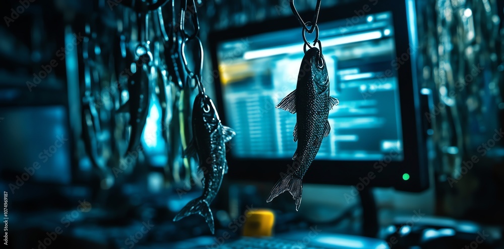 Poster Two metal fish hanging on a chain in front of a computer screen.