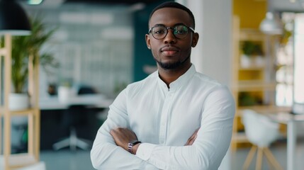 Fototapeta premium A man wearing glasses and a white shirt stands in front of a yellow wall