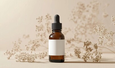 Amber glass dropper bottle with blank label, surrounded by dried flowers