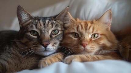 a happy dog and cat pose together, looking playfully at the camera against a bright white background, capturing the essence of their friendship and the joy of companionship in a heartwarming portrait