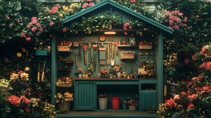A vibrant garden shed surrounded by blooming flowers and gardening tools, perfect for plant lovers and nature enthusiasts.