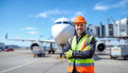 An airport worker stands confidently in front of an aircraft, symbolizing safety and professionalism.