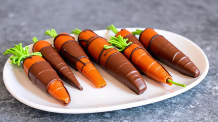 Carrot made of chocolate on a plate