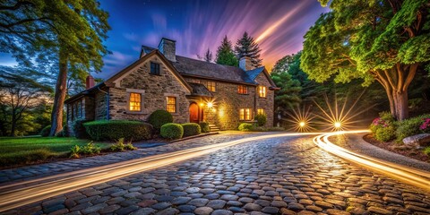 Naklejka premium The ancient stone home stands resolute, its driveway swallowed by the silken dance of light in a long exposure.