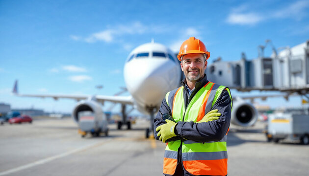 An airport worker stands confidently in front of an aircraft, symbolizing safety and professionalism.
