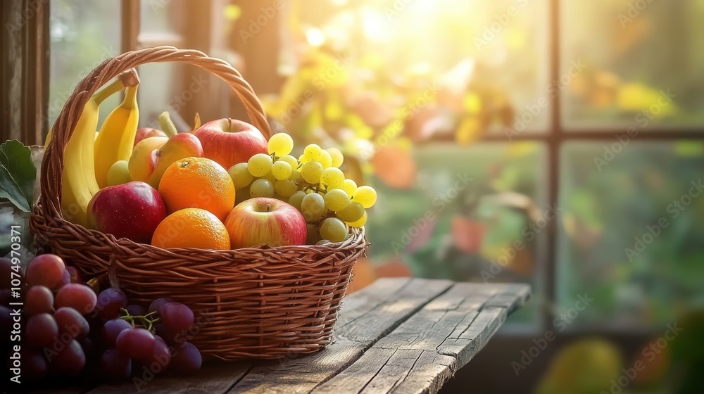 Poster A wicker basket filled with an abundance of colorful fruits resting on a rustic table by a sunlit window