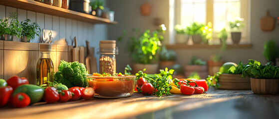 A vibrant kitchen scene with fresh vegetables and herbs, capturing the essence of healthy cooking and natural ingredients.