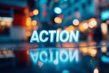 The word 'ACTION' illuminated with a bokeh background of city lights, symbolizing motivation and progress in a modern, dynamic world.