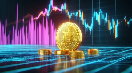 Bitcoin with coins, cryptocurrency with forex stock market chart candlestick, crypto trends. 
