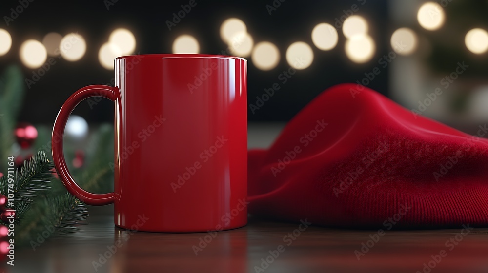 Poster red mug on wooden table with red fabric in cozy christmas setting : generative ai