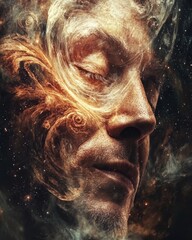 Surreal close-up of a politician's face blending into swirling cosmic elements during a night event in an urban setting