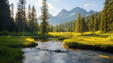 Tranquil mountain pasture with a flowing stream surrounded by lush forests during the golden hour