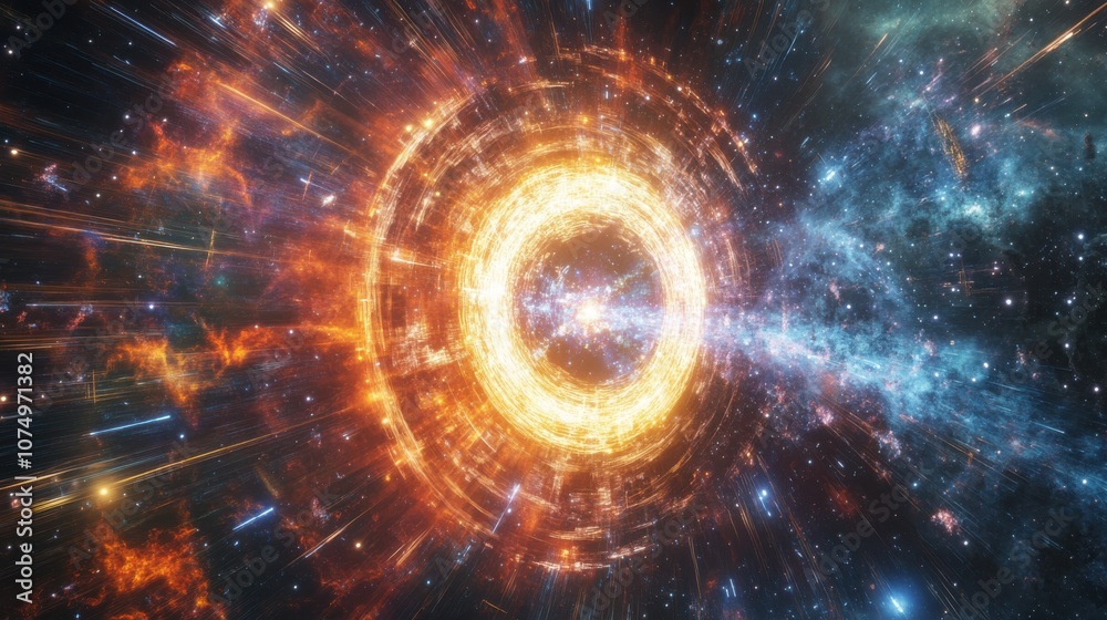 Poster a vibrant illustration of the higgs boson, bursting with energy in a cosmic setting of lively colors