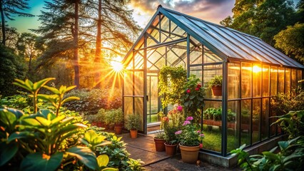 Fototapeta premium The warmth and mystery of a small greenhouse are unveiled through the lens of low light photography.