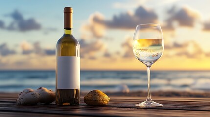 Elegant evening by the ocean with wine bottle and glass for memorable sunset dining : Generative AI