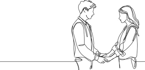 continuous single line drawing of young man and woman holding hands while looking at each other, line art vector illustration
