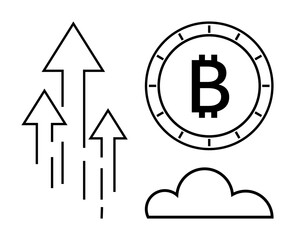 Upward arrows representing growth next to a Bitcoin symbol within a circular border above a cloud. Ideal for cryptocurrency, finance, investment, blockchain, financial technology, growth strategies