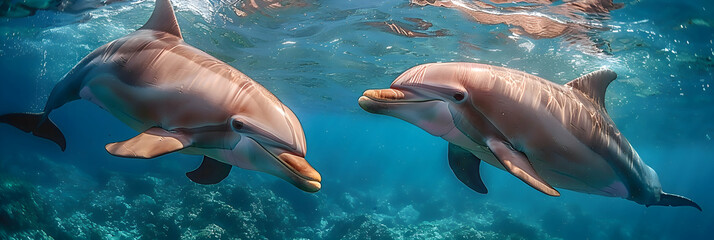 Fototapeta premium Pair of Amazon Pink Dolphins swimming side by side, with sunlight filtering through the water and