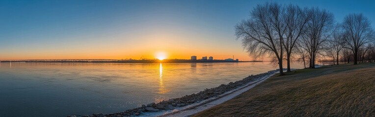 Fototapeta premium A breathtaking sunrise panorama over the water reflecting hues of orange and blue near the shoreline