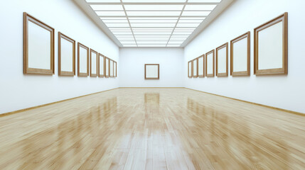 Fototapeta premium Empty art gallery with wooden frames on white walls and polished floor