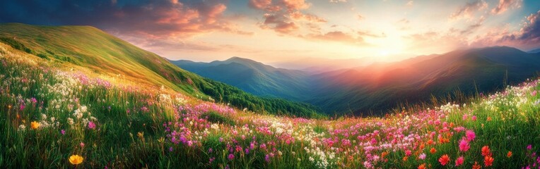Obraz premium A breathtaking panorama of blooming wildflowers at sunset in the scenic Blue Ridge Mountains, showcasing nature's vibrant colors