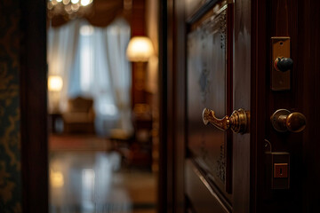 Obraz premium Generative AI Image of Open Hotel Room Door Inviting Traveler for Stay