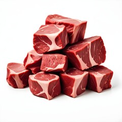Pile of raw meat chunks, likely beef. The meat appears to be fresh and uncooked, with visible marbling