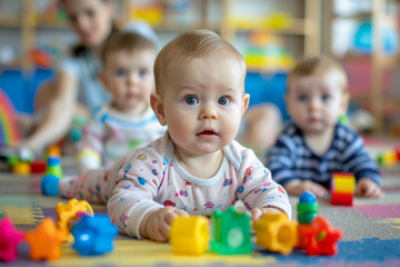 Generative AI Image of Adorable Baby in Daycare Setting Engaging with Colorful Toys and Nanny at Home
