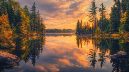 Breathtaking sunset over the tranquil lakes of the Northwoods region reflecting vibrant colors and stunning nature scenery © vadosloginov