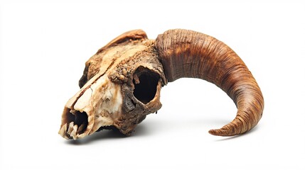 Animal Skull with Horn on White Background: A Close-Up of Natural Decay and Wildlife Remains