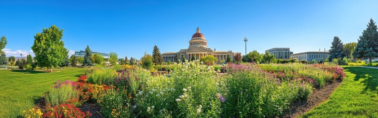 A breathtaking view of the Idaho State Capitol amidst vibrant gardens on a clear, sunny day showcasing the beauty of Boise
