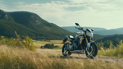 A photo of a motorcycle on a scenic countryside