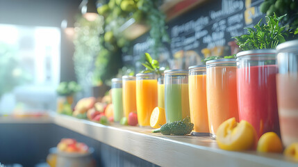 Colorful assortment of fresh fruit juices arranged on a wooden shelf, celebrating healthy, vibrant living.