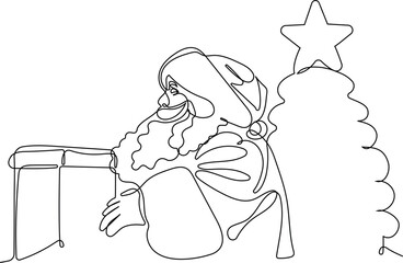 One continuous line drawing Santa Claus on reindeer and sled. concept for Christmas and New Year. vector illustration. Vector illustration