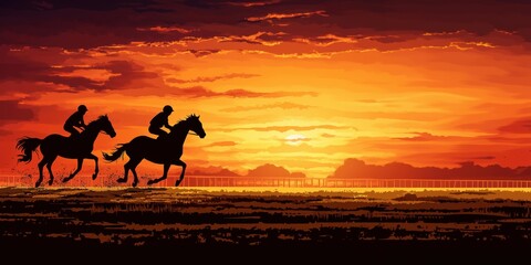 Naklejka premium Horses running at sunset, vibrant orange sky, silhouettes of riders