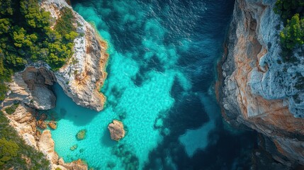 ** Stunning Aerial View of Crystal Clear Turquoise Waters and Rocky Cliffs in a Serene Coastal Landscape..**