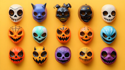 Obraz premium Colorful decorative skulls arranged in a vibrant display, perfect for Halloween and festive themes.