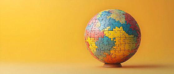 Colorful globe puzzle on a vibrant background, symbolizing the unity of cultures and the interconnectedness of the world.