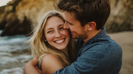 Fototapeta premium A couple is hugging on a beach, with the woman smiling and the man kissing her