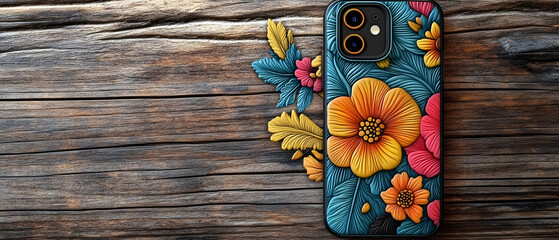 Fototapeta premium Colorful floral phone case on a wooden surface, blending nature with technology for modern style lovers.