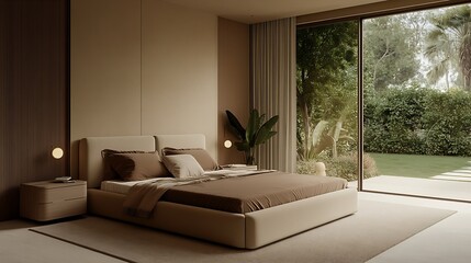 Fototapeta premium Luxury minimalist bedroom with large window overlooking tropical garden landscape : Generative AI