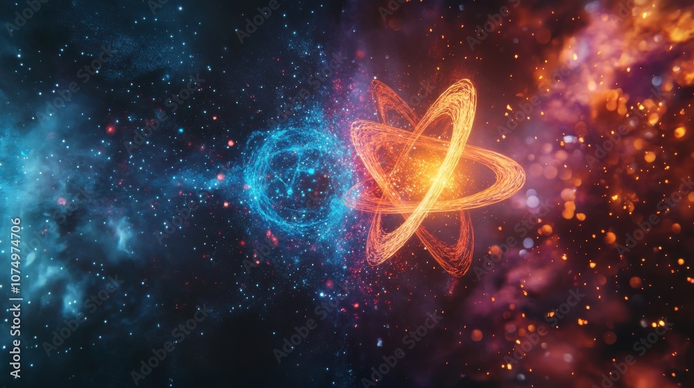 Poster A visually striking split-screen depiction of an atom and a cosmic landscape representing fundamental elements of the universe