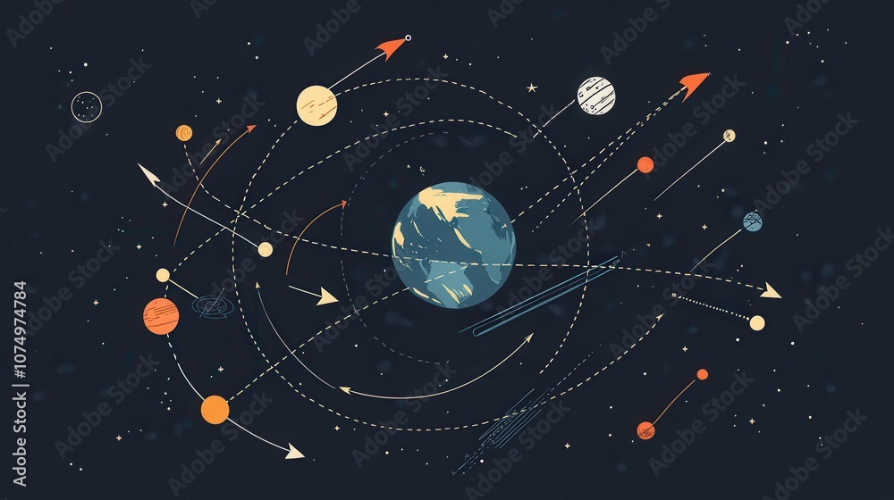 Poster A simplified infographic illustrating planet orbits and trajectories in a cosmic setting with Earth at the center