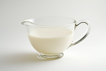 A glass pitcher filled with fresh milk placed against a clean white background. The minimalistic setting highlights the freshness and purity of the milk.