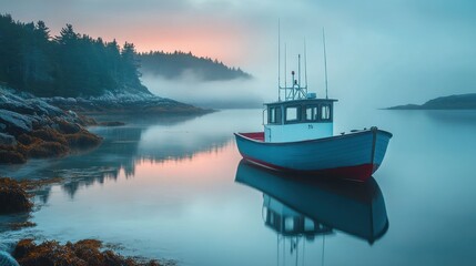 A tranquil view of a traditional Maine lobster boat at dawn on a foggy coastal morning