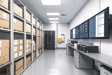 Modern Data Center with Storage Racks, Computer Equipment, and Large Display Screens Showcasing Network Operations and Inventory Management