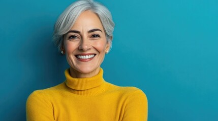 Portrait of beautiful senior woman in front of blue background. High quality photo